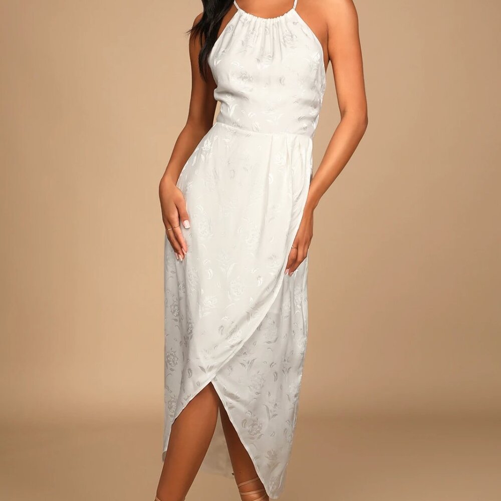 Lulus - White Floral Jacquard Satin Tulip Midi Dress, size M